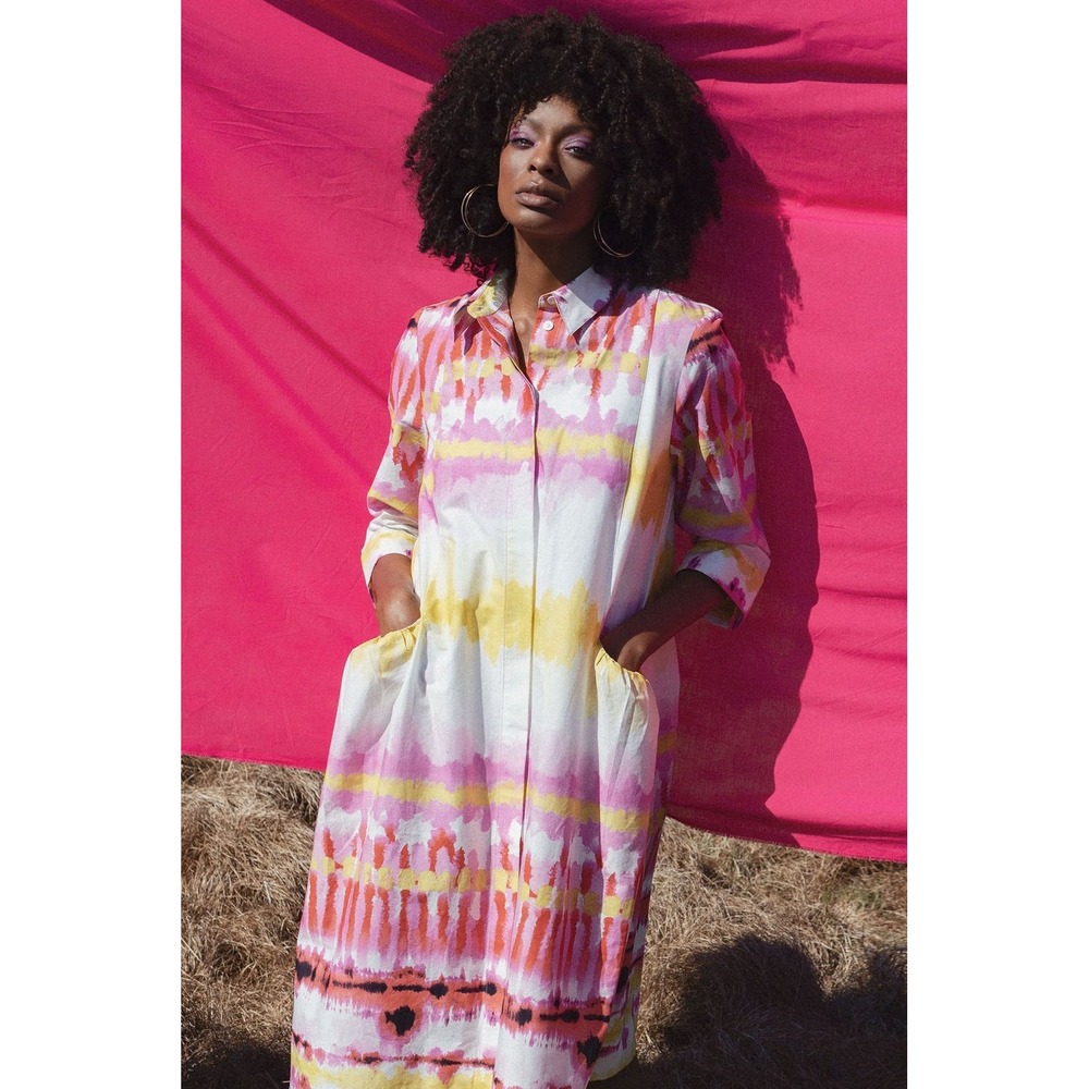 Noen 88486 Pink Yellow Tie Dye Cotton A-Line Midi Shirt Dress US 8 Boho Pockets